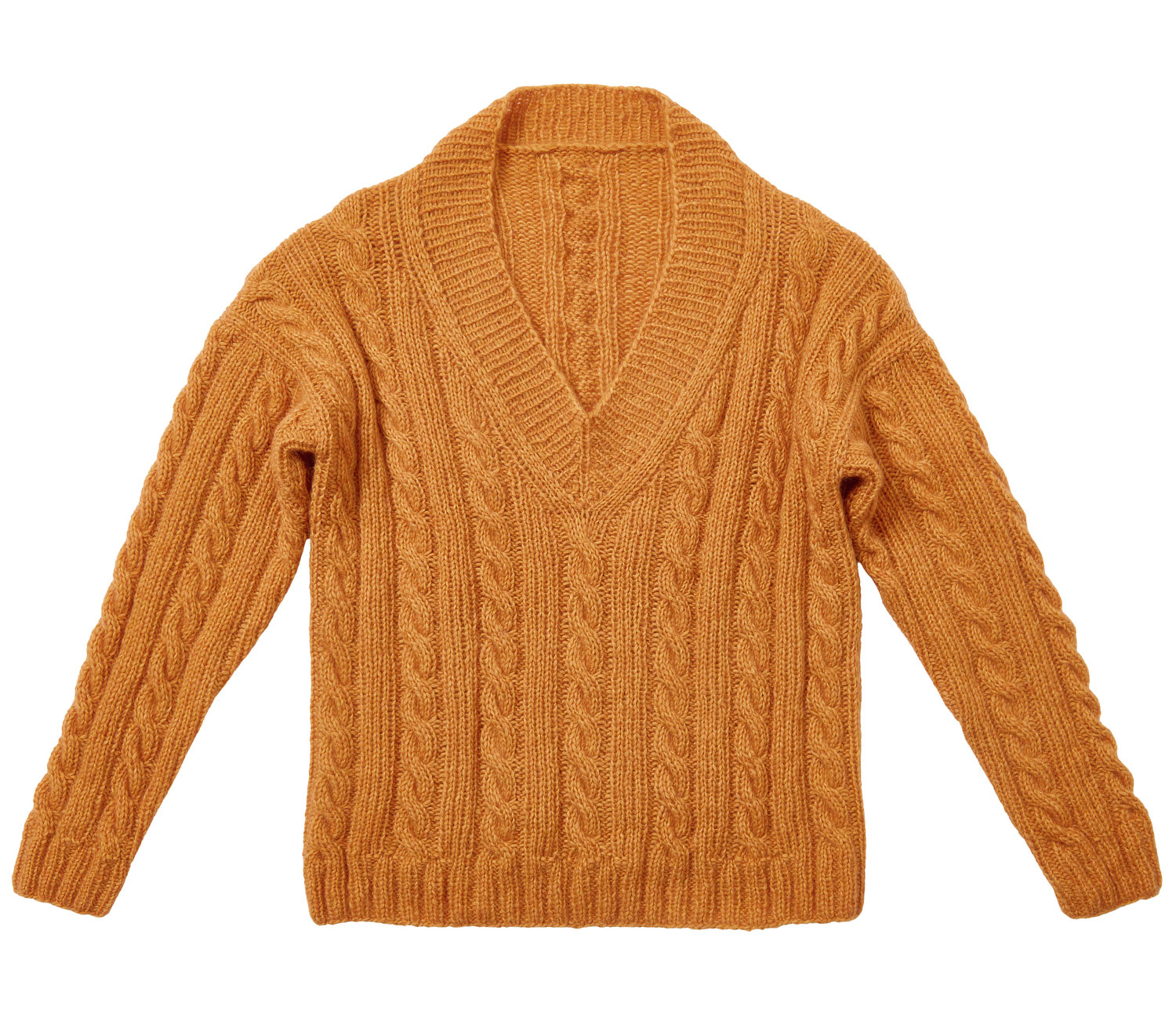 Pullover, Strickjacke, Kabelstrick, Orangeton, V-Ausschnitt