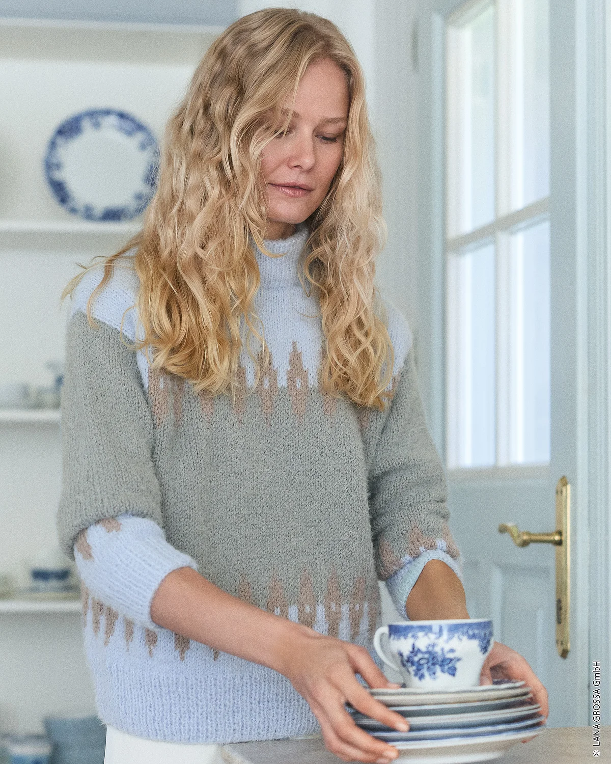 pulli, wolle, gestrickt, grau, teller