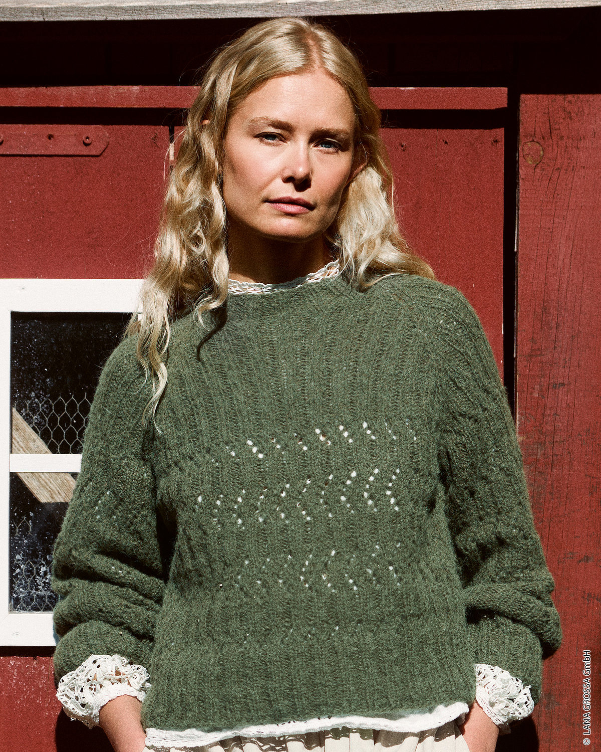 Pullover, Strickpullover, Grün, Spitze-Achselmanschette, Häkel-Detail