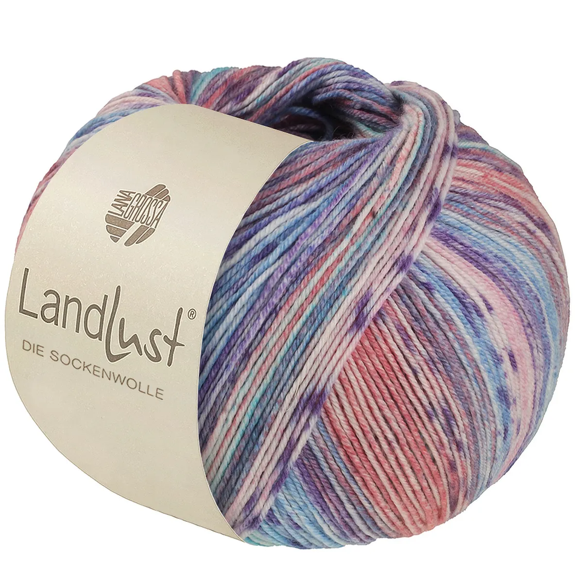 Landlust DIE SOCKENWOLLE SEIDE - 334 Türkis/Himmelblau/Violett/Rosa/Lachs/Grau-/Zartrosa Gestreift - Lana Grossa