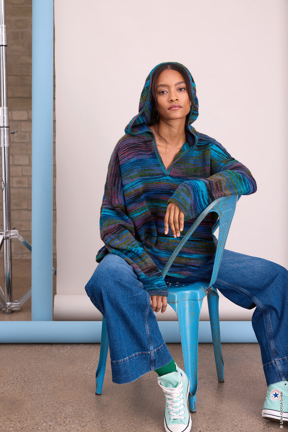 Hoodie, Colorful stripes, Hooded sweater, Knitwear, Blue jeans