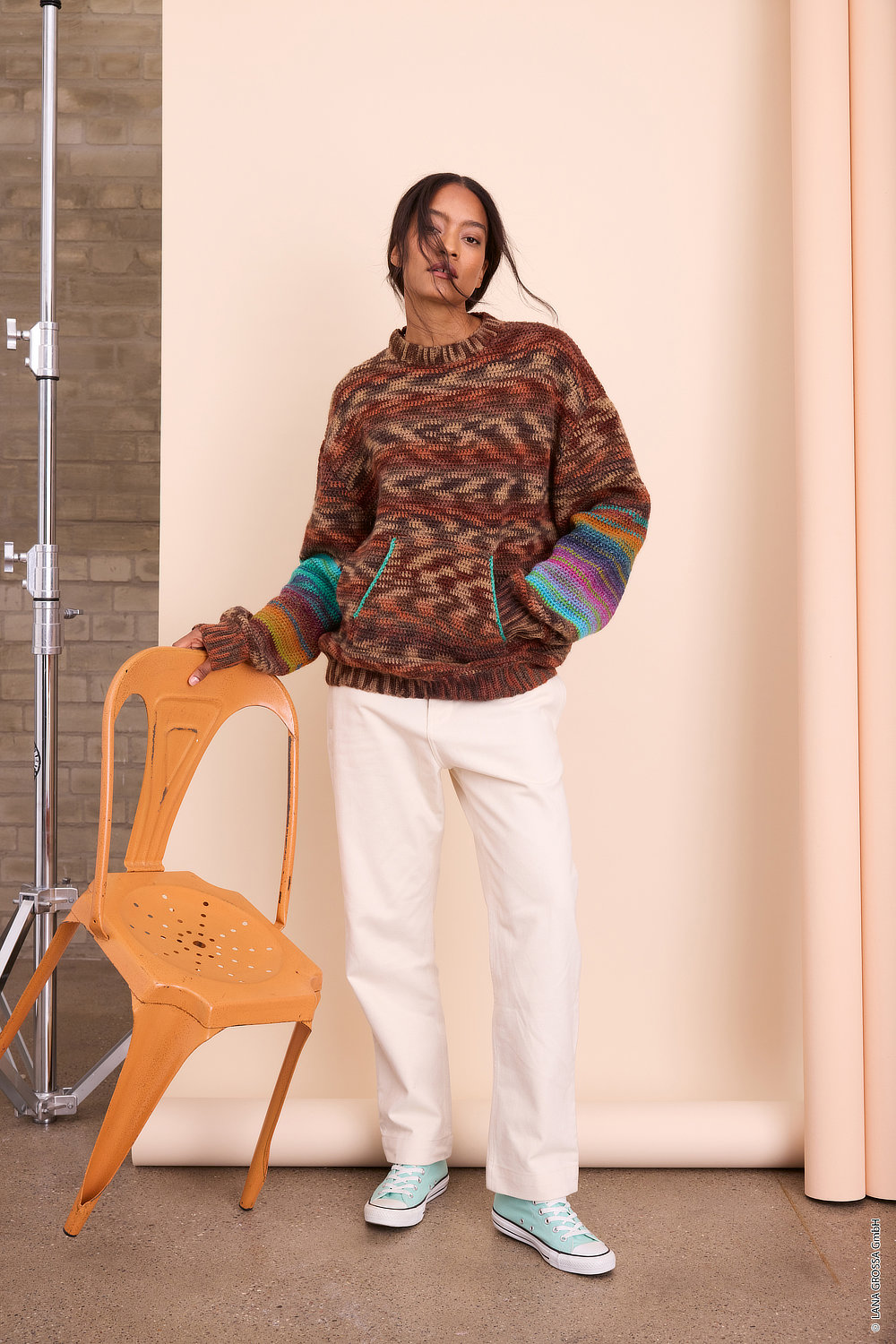 Pullover, Strickpullover, Mehrfarbig, Braun, Taschen
