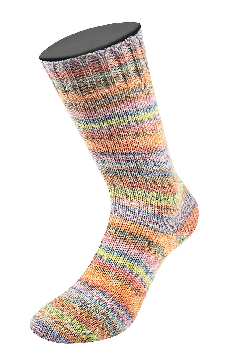 Landlust DIE SOCKENWOLLE SEIDE -  336 Salmon/Orange/Grey/Mint/Pink/Citrus Yellow/Grey-Blue Striped - Lana Grossa