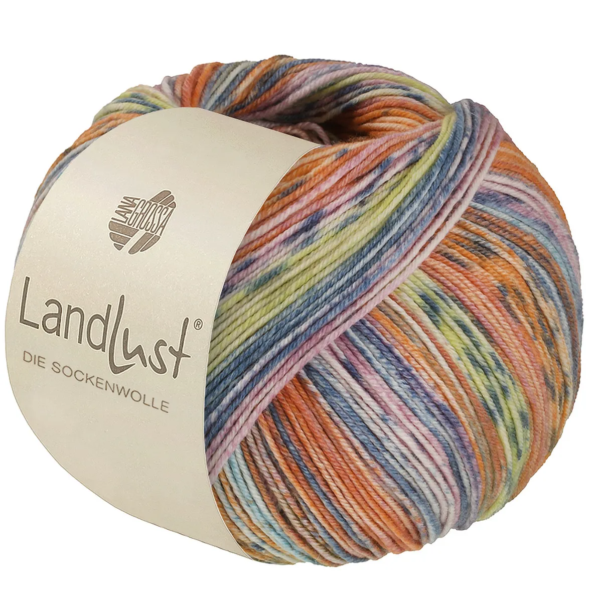 Landlust DIE SOCKENWOLLE SEIDE -  336 Salmon/Orange/Grey/Mint/Pink/Citrus Yellow/Grey-Blue Striped - Lana Grossa
