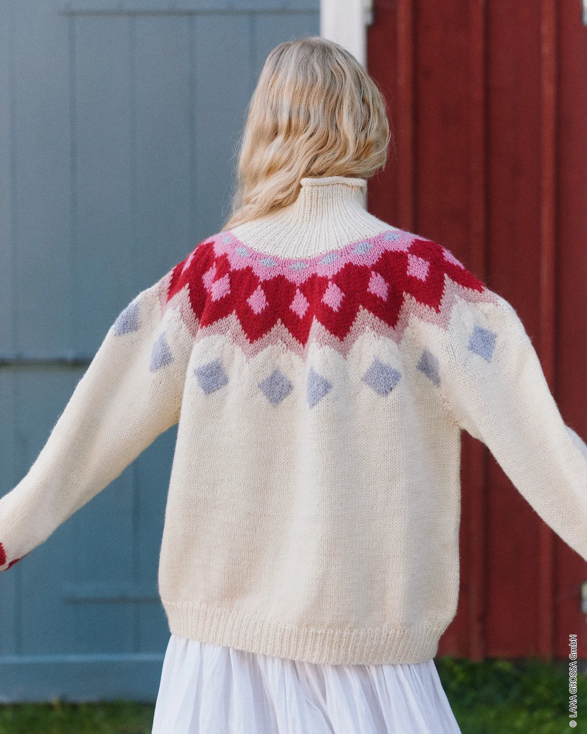 Wollpullover, Sweater, Kragenhoch, Fair-Isle Muster, cremefarben
