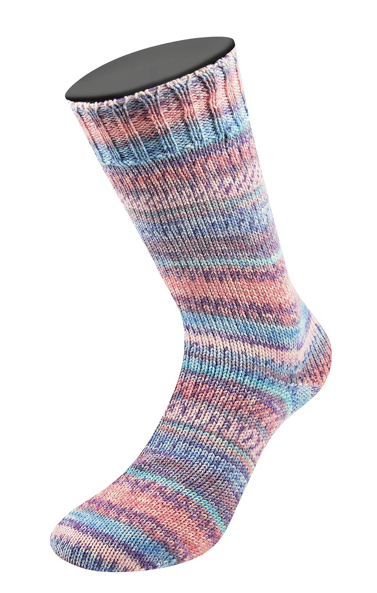 Landlust DIE SOCKENWOLLE SEIDE - 334 Türkis/Himmelblau/Violett/Rosa/Lachs/Grau-/Zartrosa Gestreift - Lana Grossa