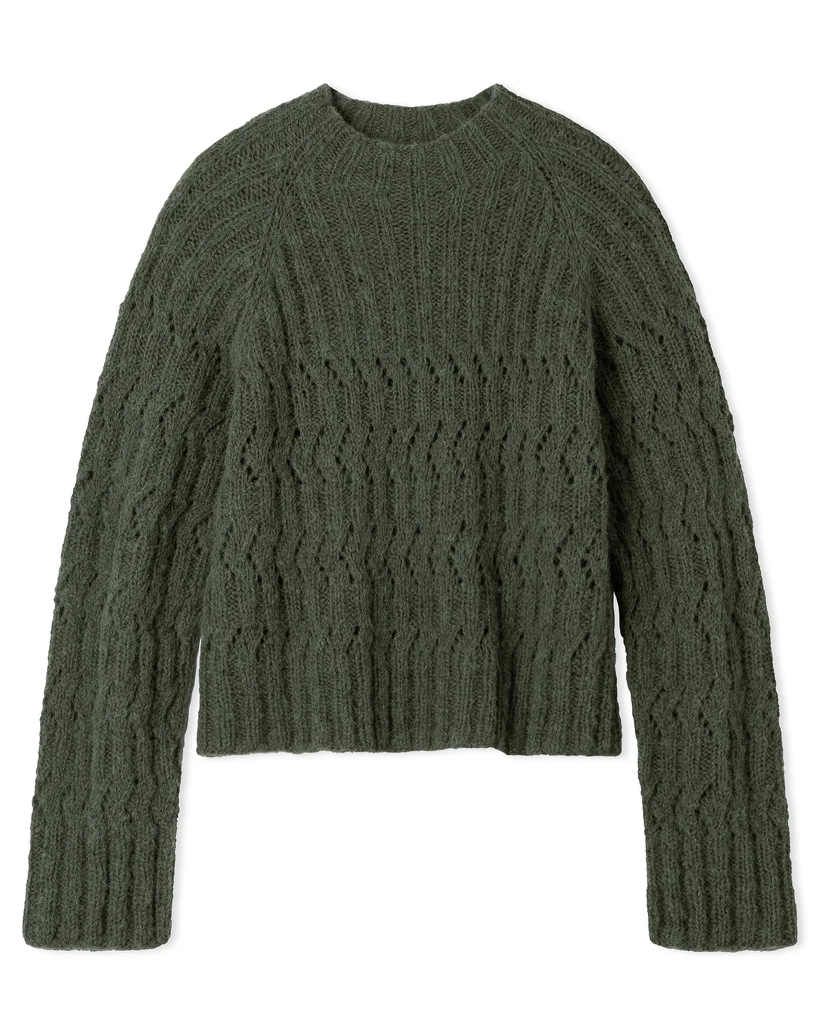 Strickpullover, Kunstleder?, Wollpullover, Olivegrün, Zopfmuster