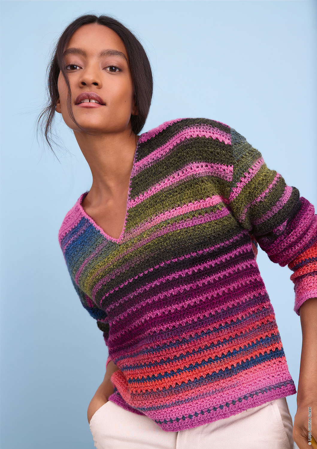 Strickpullover, V-Ausschnitt, Streifen, Mehrfarbig, Pullover