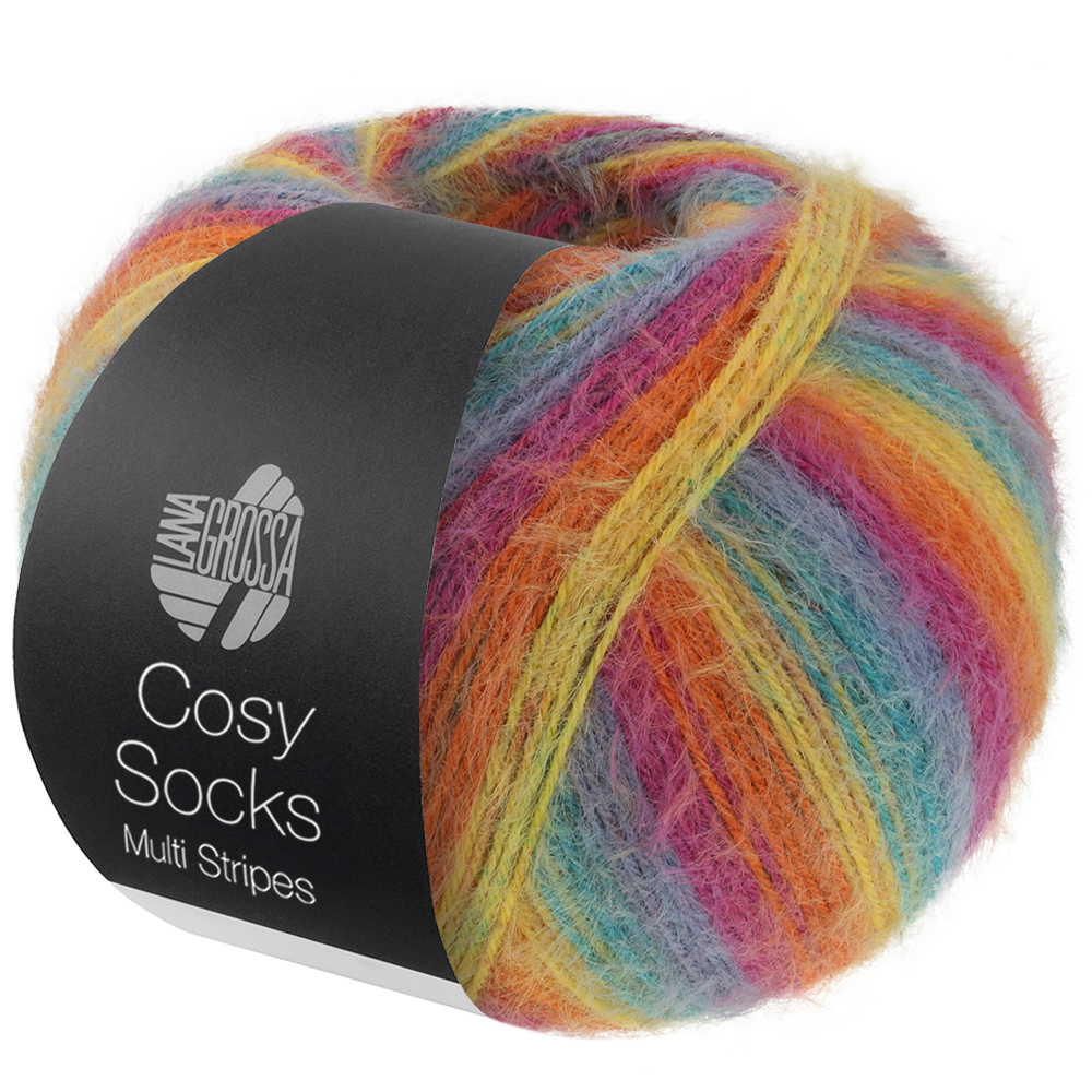 COSY SOCKS MULTI STRIPES - 151 Petrol/Rauchblau/Fuchsia/Orange/Gelb - Lana Grossa