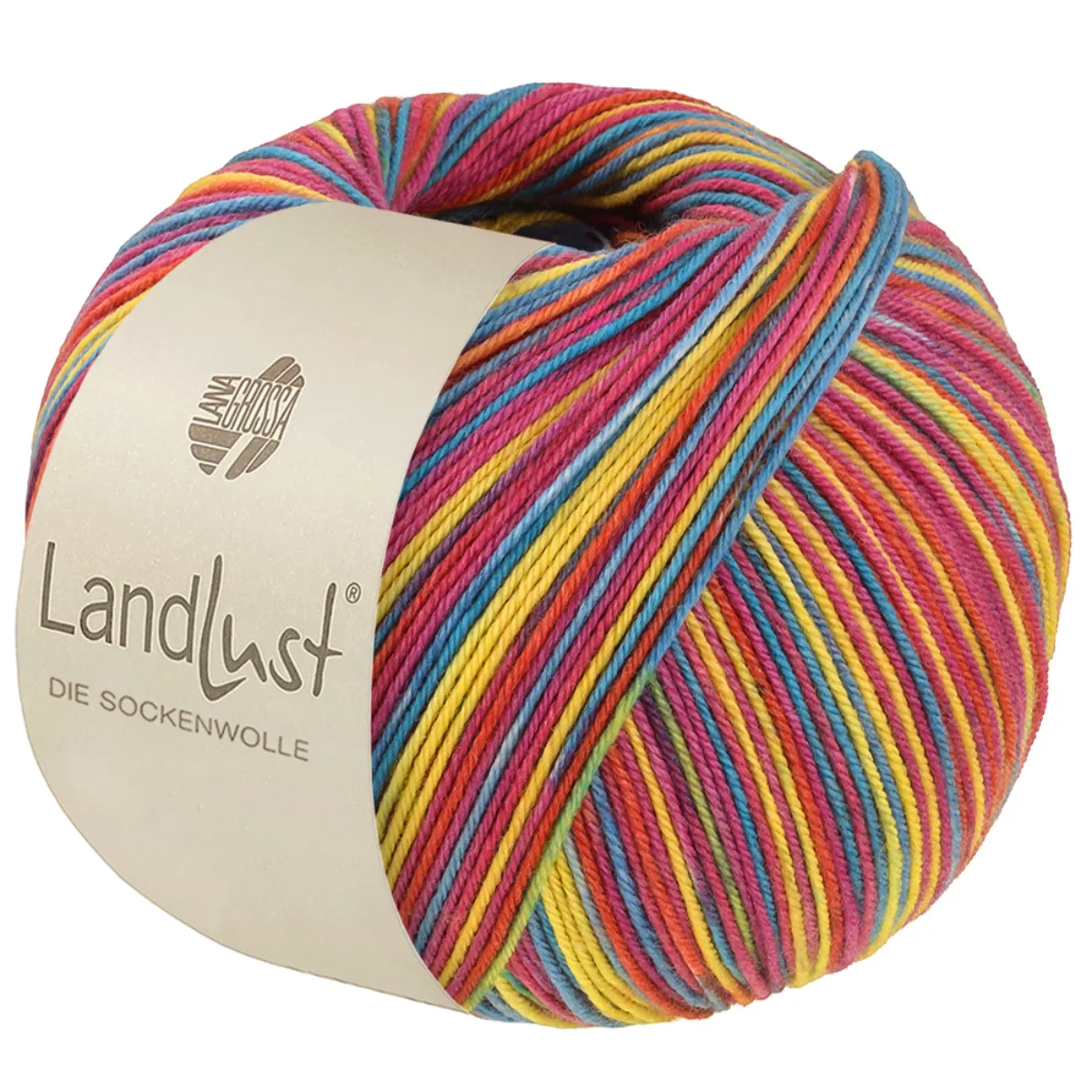 Landlust DIE SOCKENWOLLE SEIDE 100G - 364 Rot/Seegrün/Fuchsia/Hellgelb/Blau - Lana Grossa
